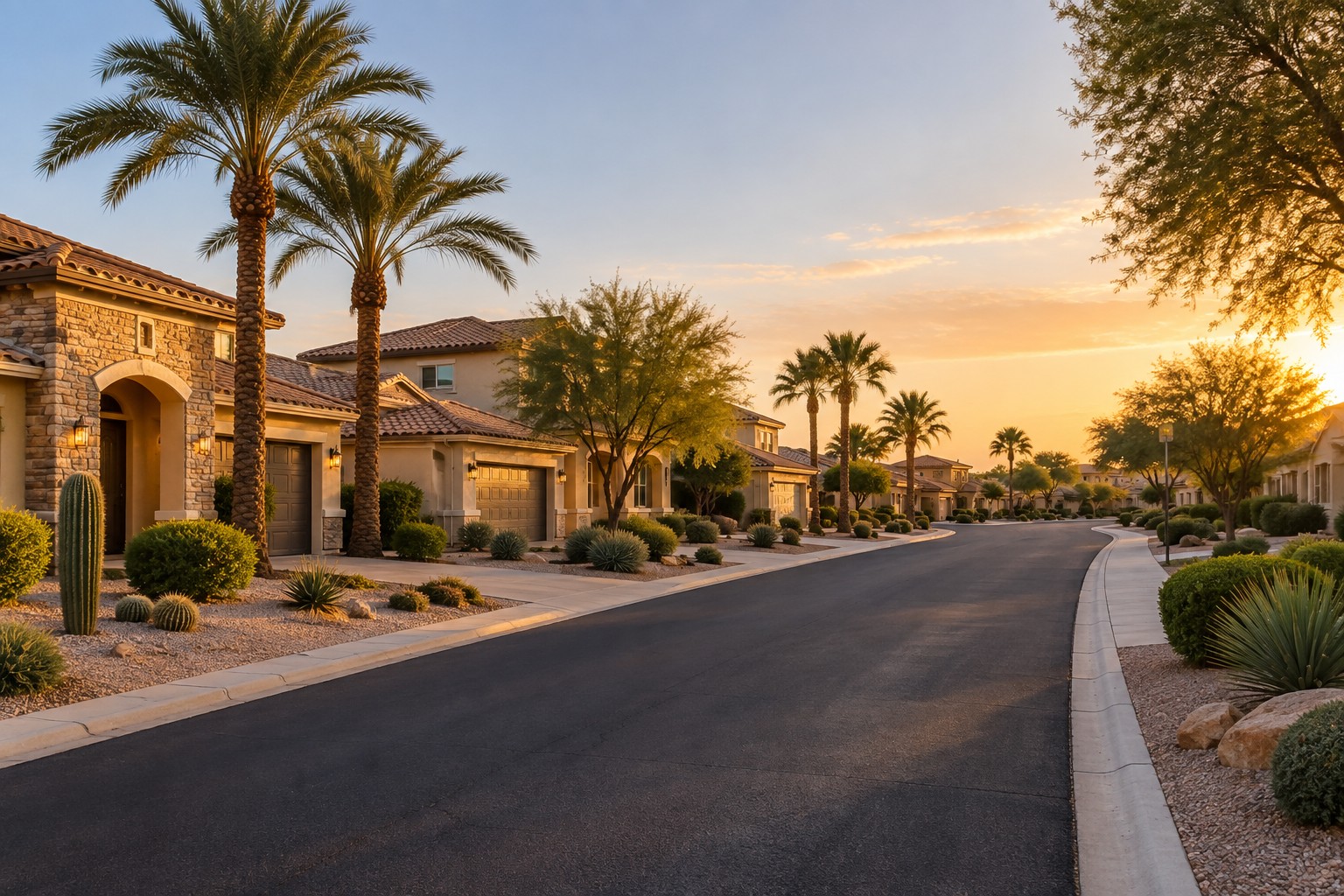 An upscale Phoenix, Arizona metro neighborhood street at golden hour, illustrative