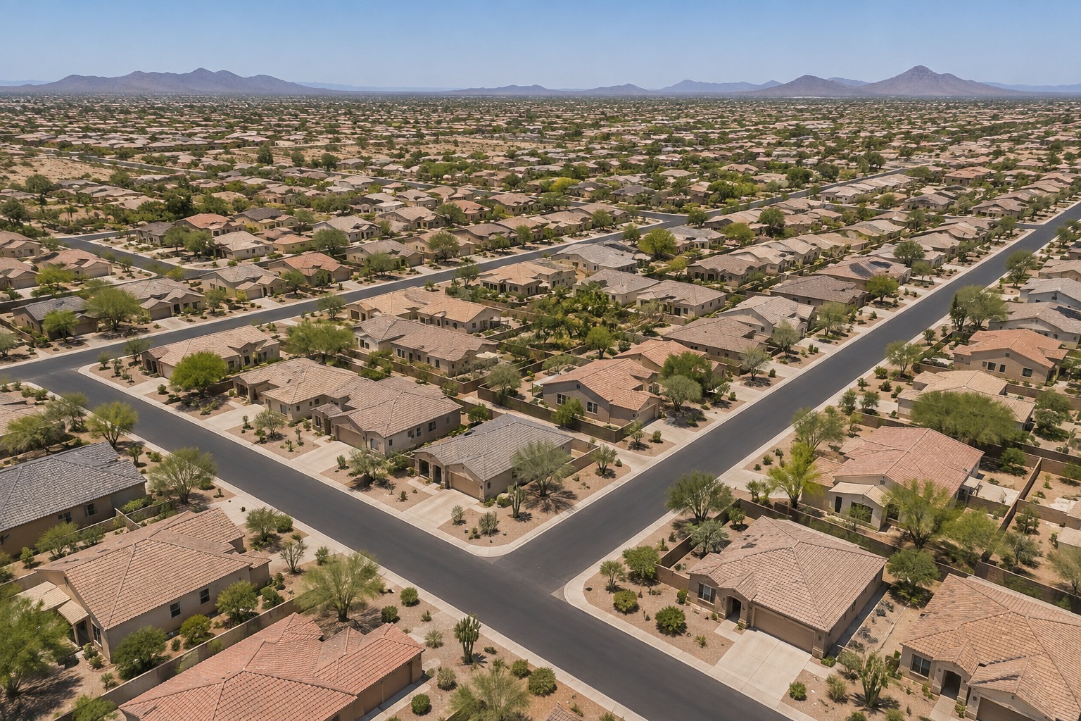 An aerial view of a Phoenix, AZ metro neighborhood, illustrative