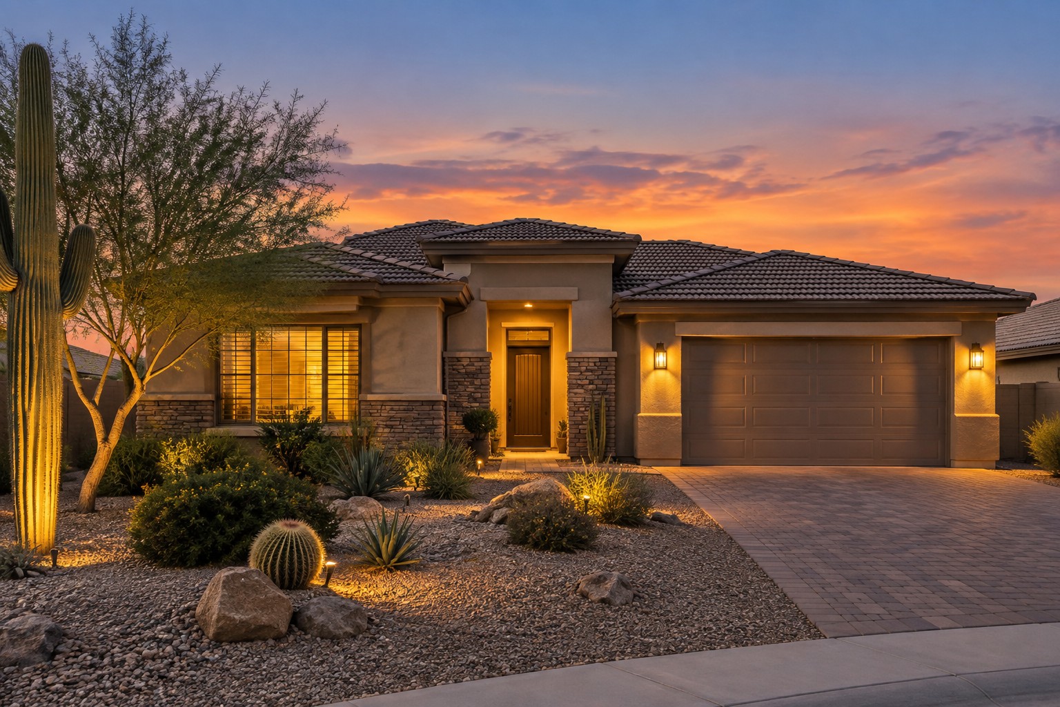 A Phoenix, AZ home exterior at dusk, illustrative